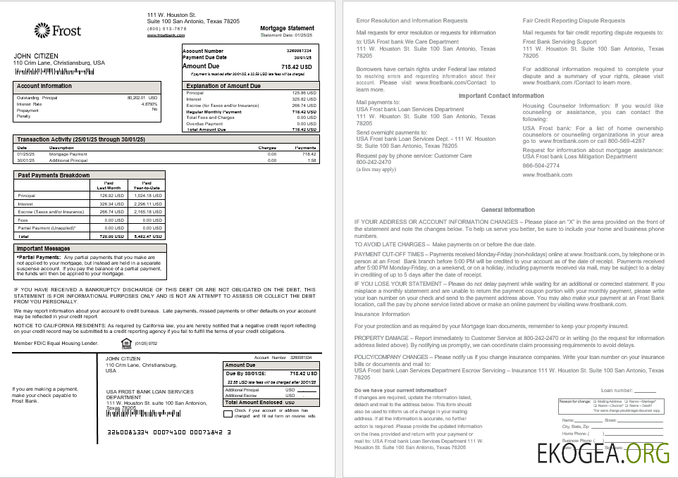 Relevé hypothécaire de la banque USA Frost aux formats Word et PDF